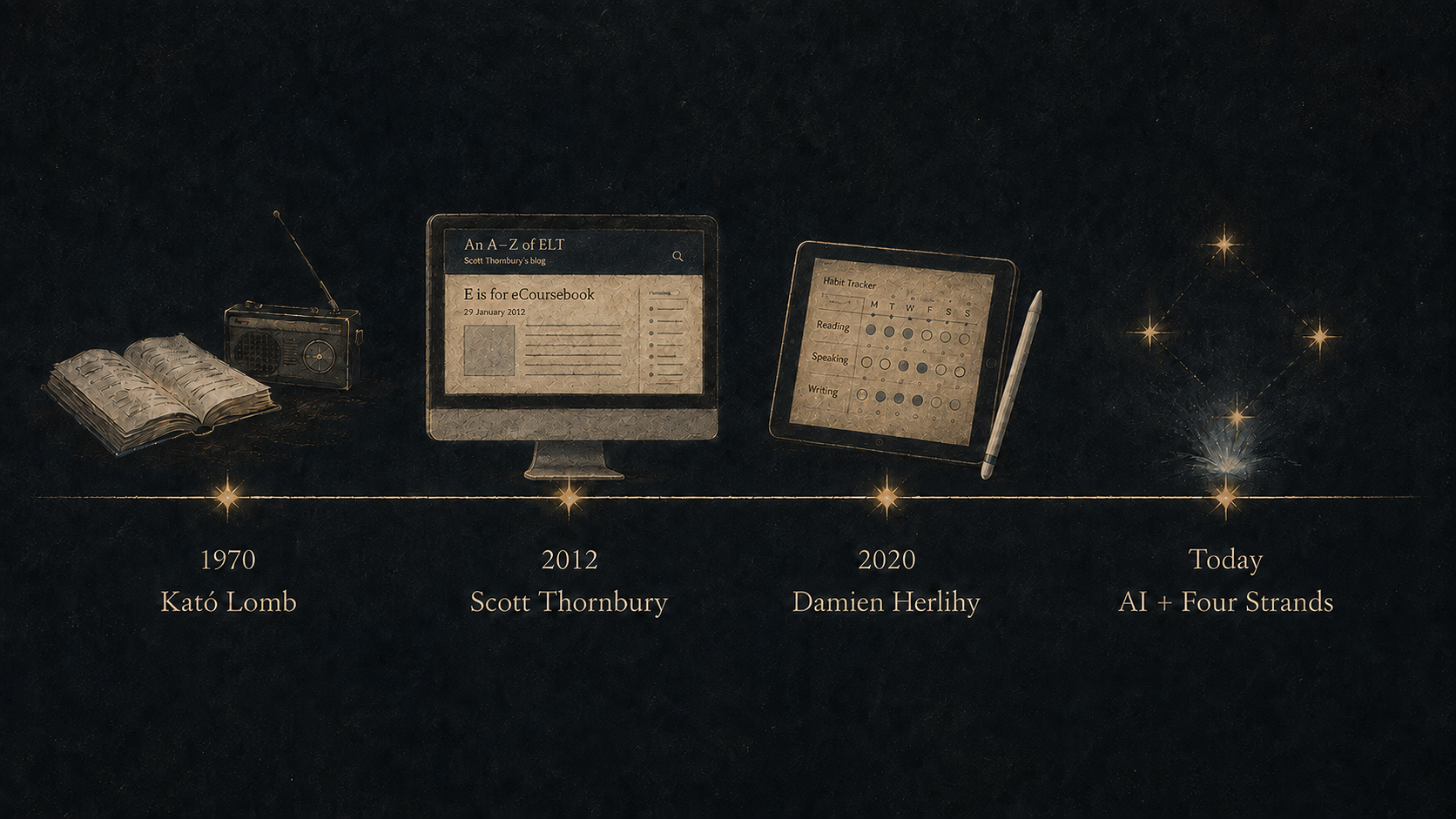 A timeline from Kató Lomb in 1970, through Scott Thornbury in 2012 and Damien Herlihy in 2020, to AI and the Four Strands today.