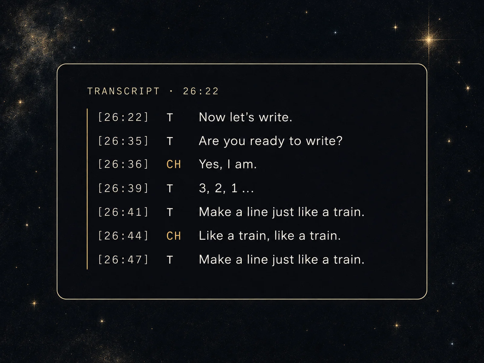 Transcript at 26:22. Teacher: Now let's write. Teacher: Are you ready to write? Children: Yes, I am. Teacher: 3, 2, 1. Teacher: Make a line just like a train. Children: Like a train, like a train. Teacher: Make a line just like a train.