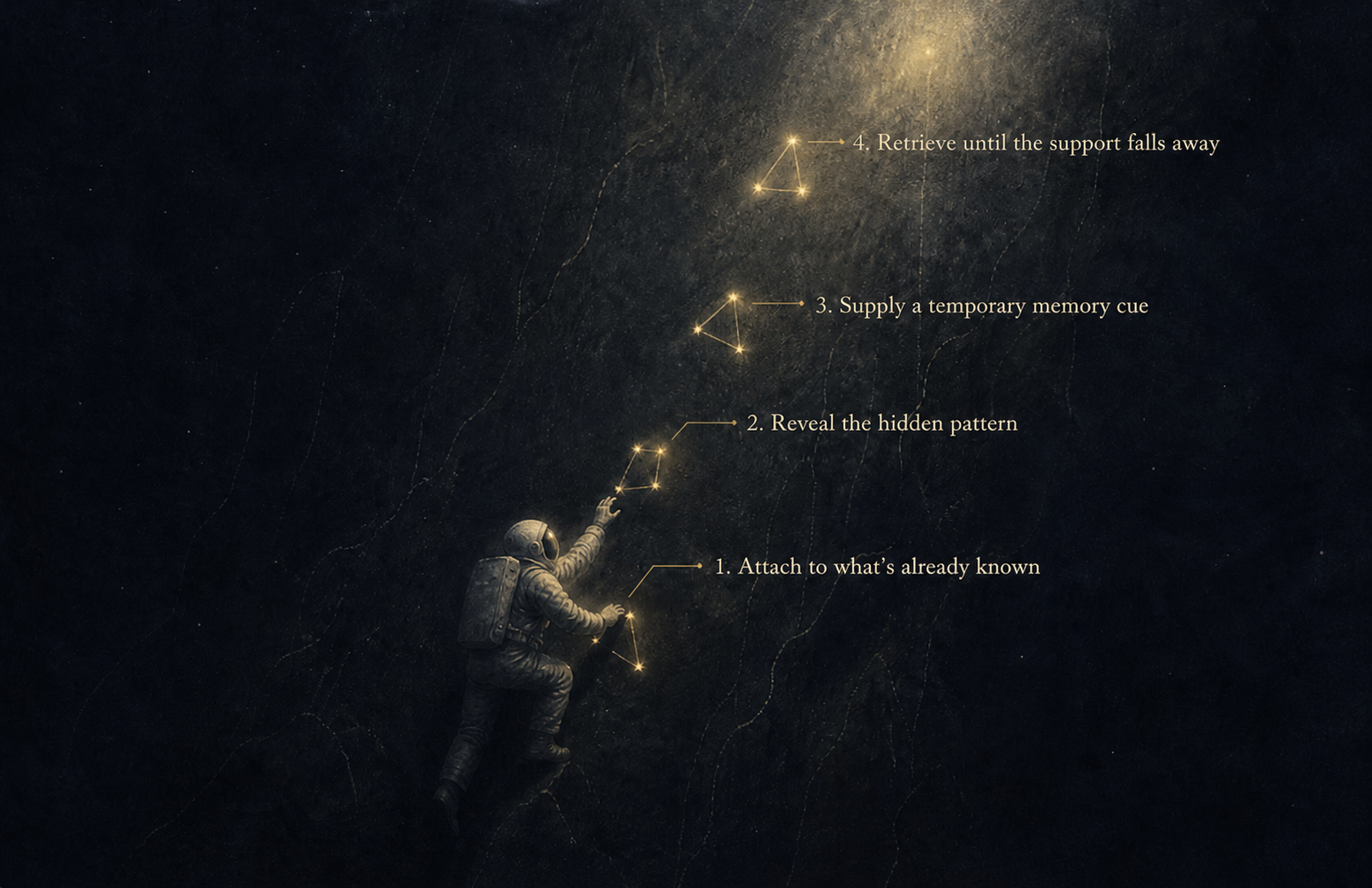 An astronaut climbing a dark wall towards four labelled constellations: attach to what's already known, reveal the hidden pattern, supply a temporary memory cue, and retrieve until the support falls away.